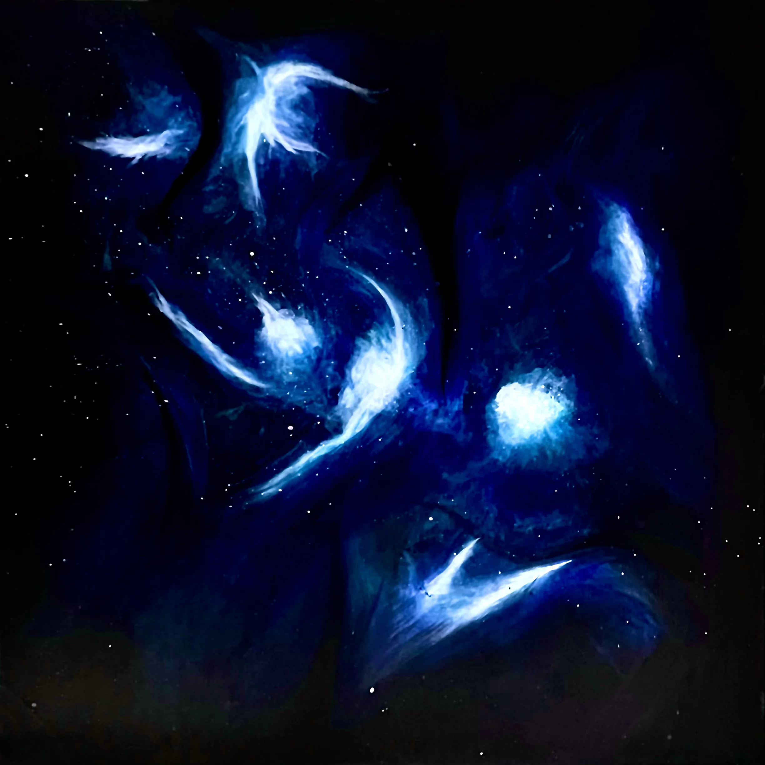 Fond bleu nuit constellé de points lumineux, traversé de formes blanches tourbillonnantes.