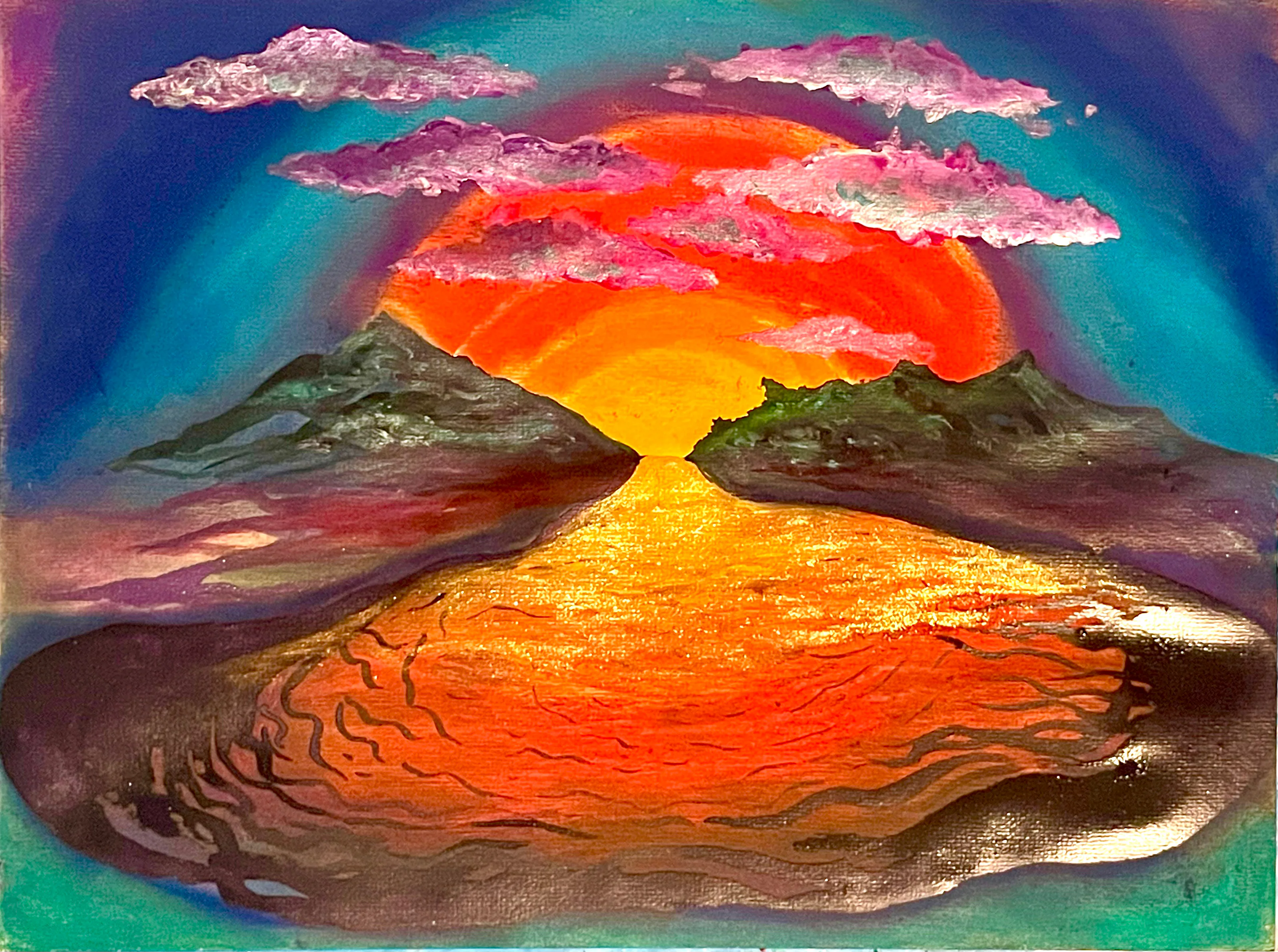 Toile où une rivière orange et dorée coule entre deux collines, sous des nuages roses.
