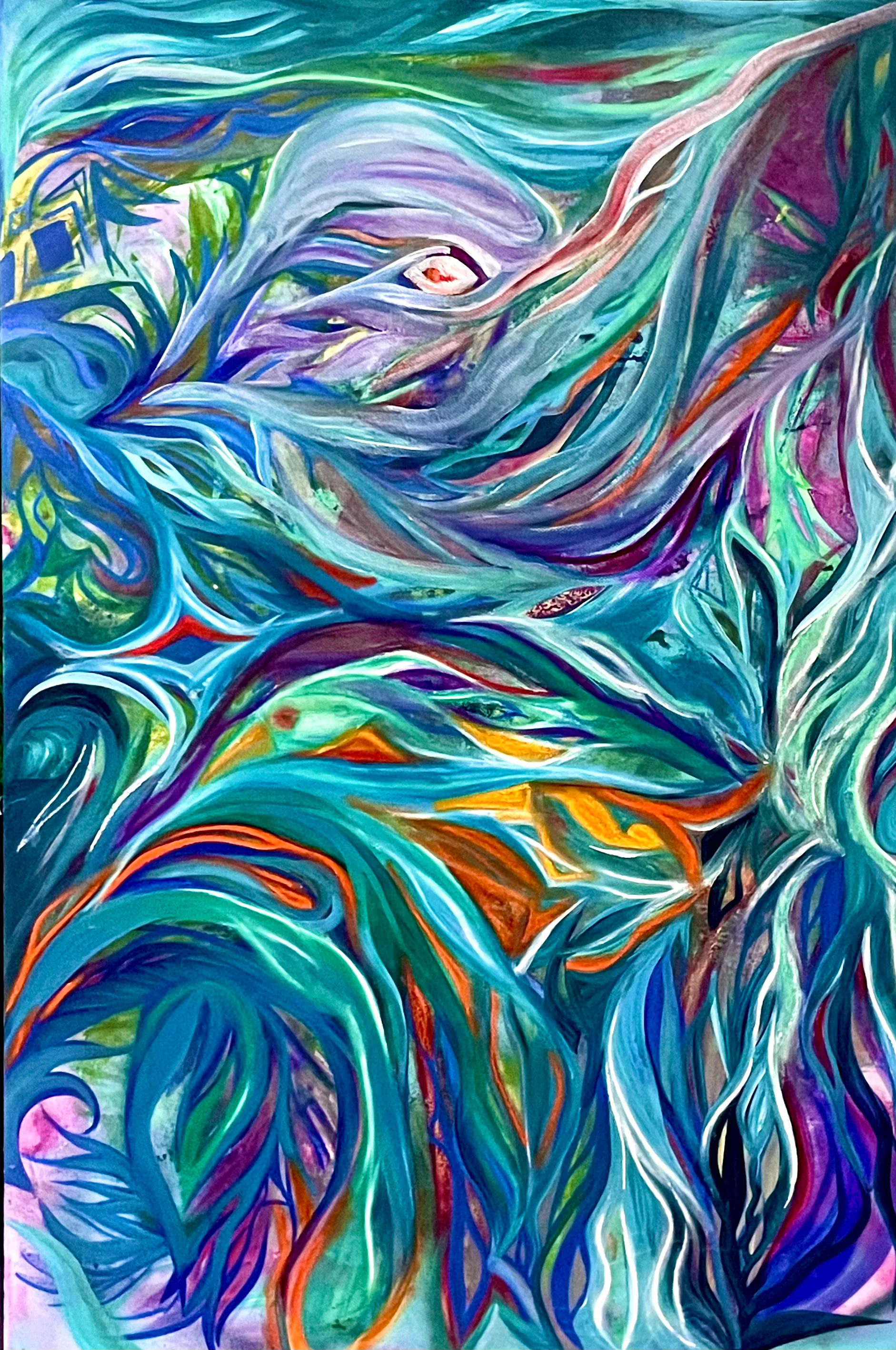 Aquarelle verticale de tourbillons bleus et turquoise aux lignes blanches.