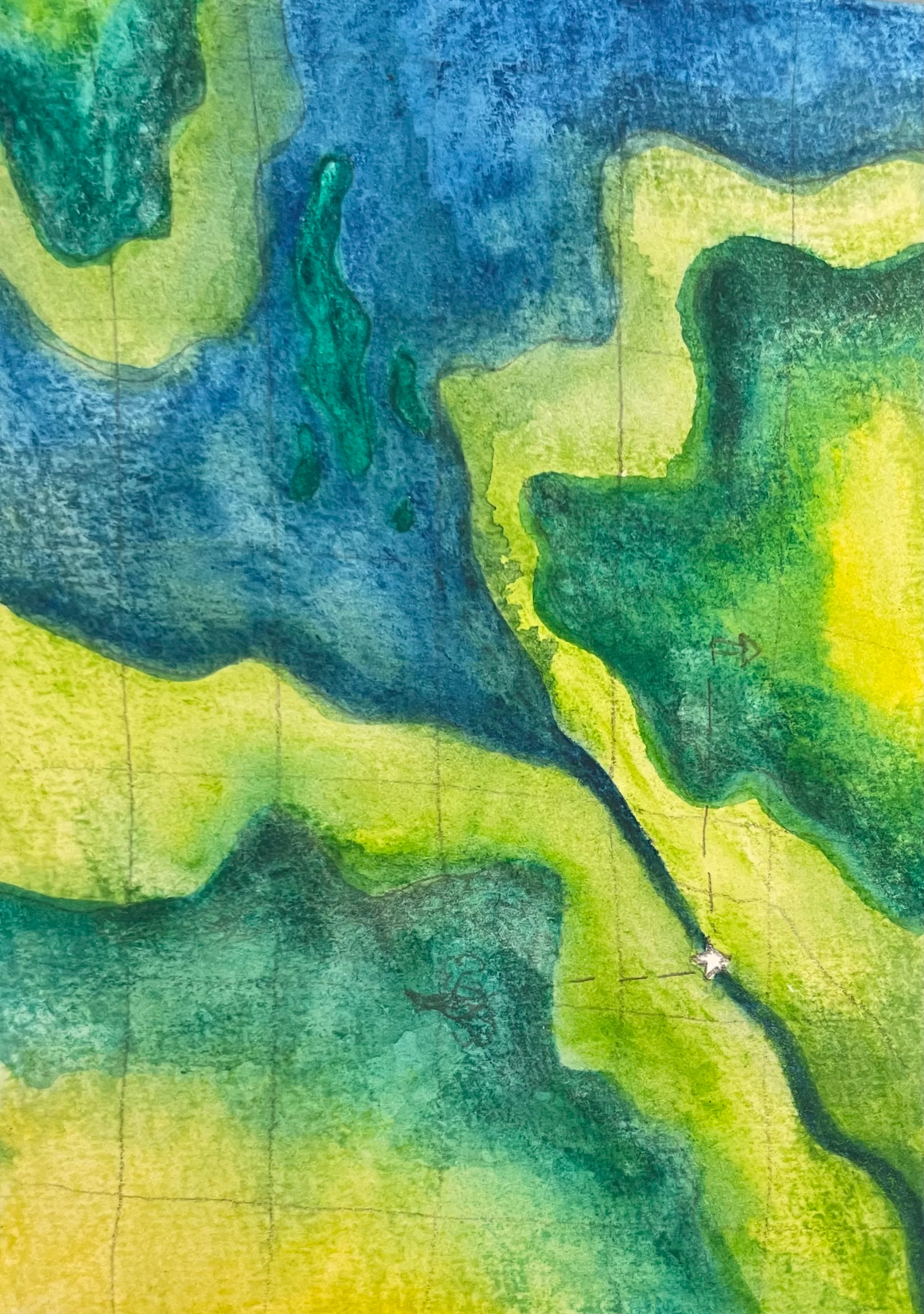 Aquarelle verticale en verts, jaunes et bleus évoquant un delta vu d'avion.