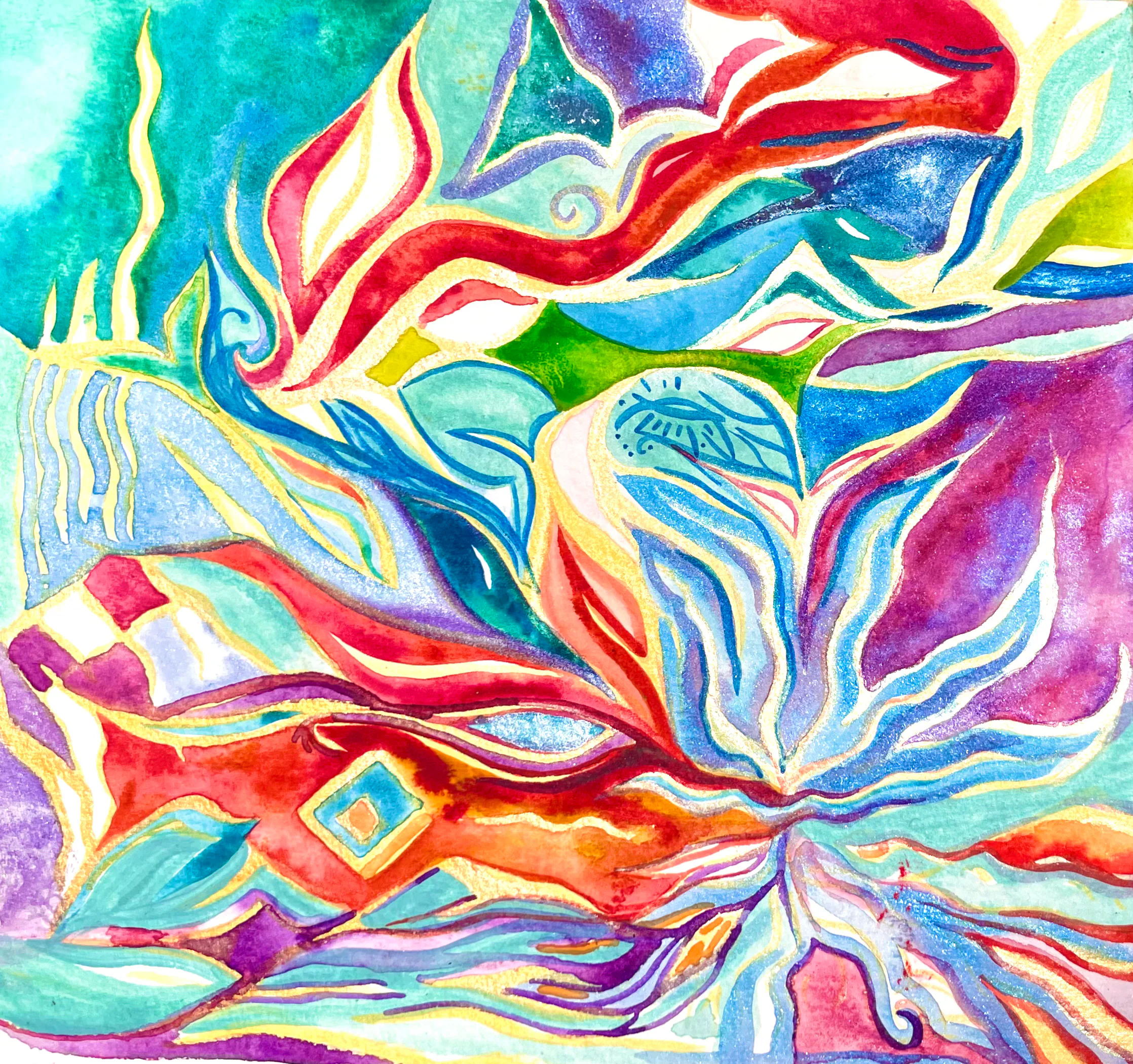 Aquarelle d'une fleur éclatée en pétales turquoise, rouges et roses.