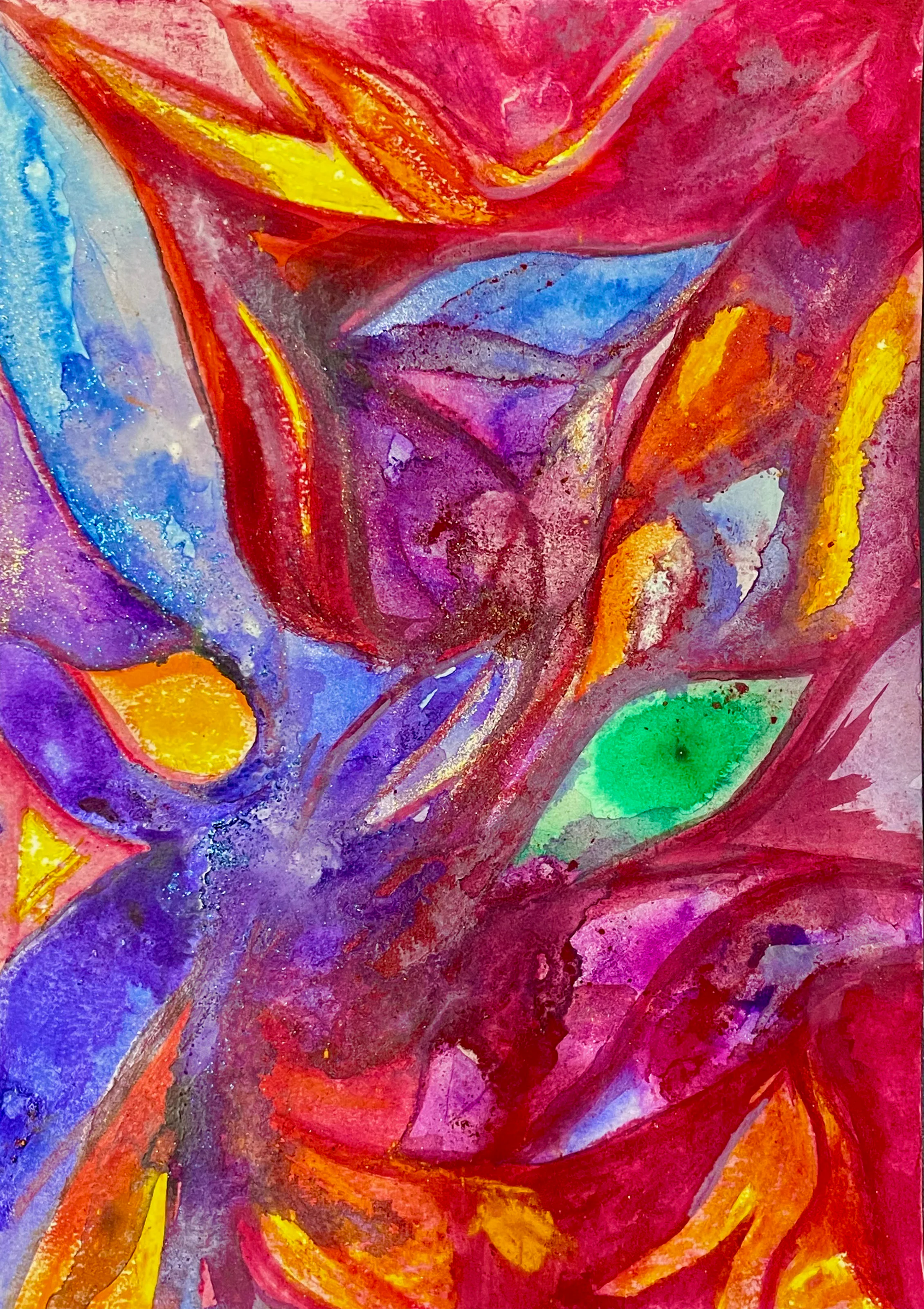 Aquarelle verticale aux rouges et violets intenses, avec deux taches vertes en forme d'yeux.
