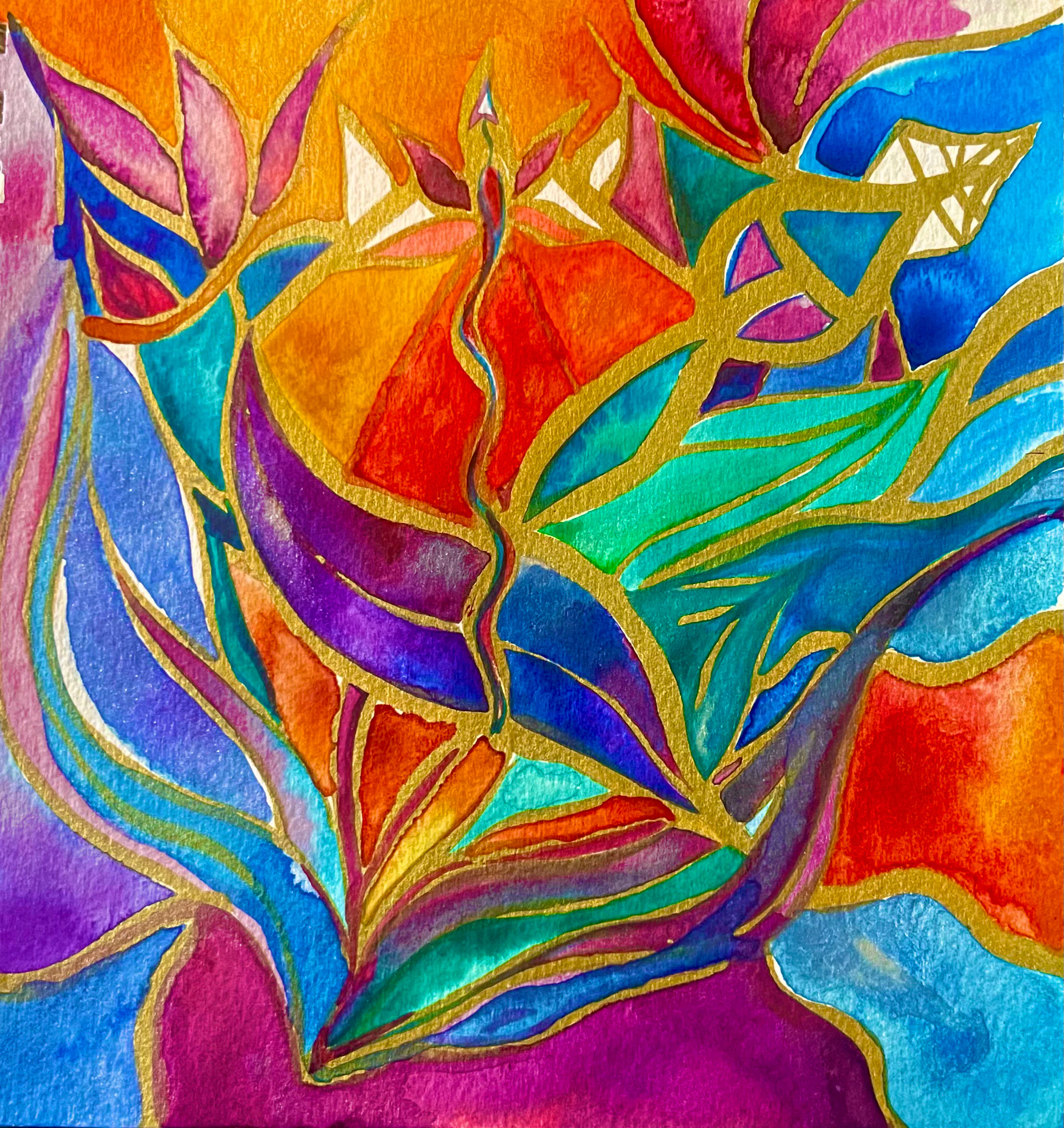 Aquarelle aux pétales orange, bleus et violets, cernés de lignes dorées.