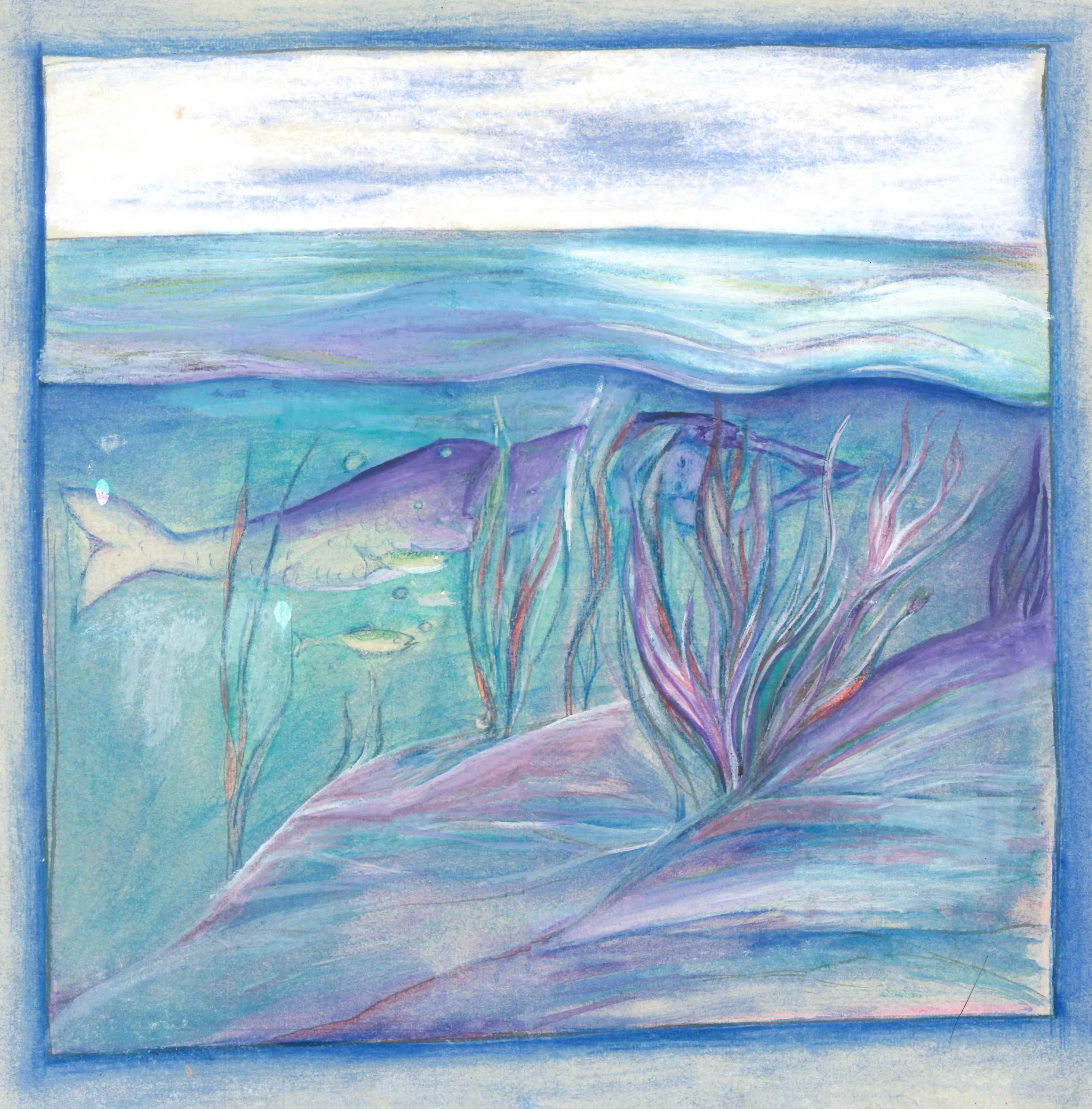 Pastel bleu pâle d'un fond marin avec un poisson et des algues, la surface en haut.