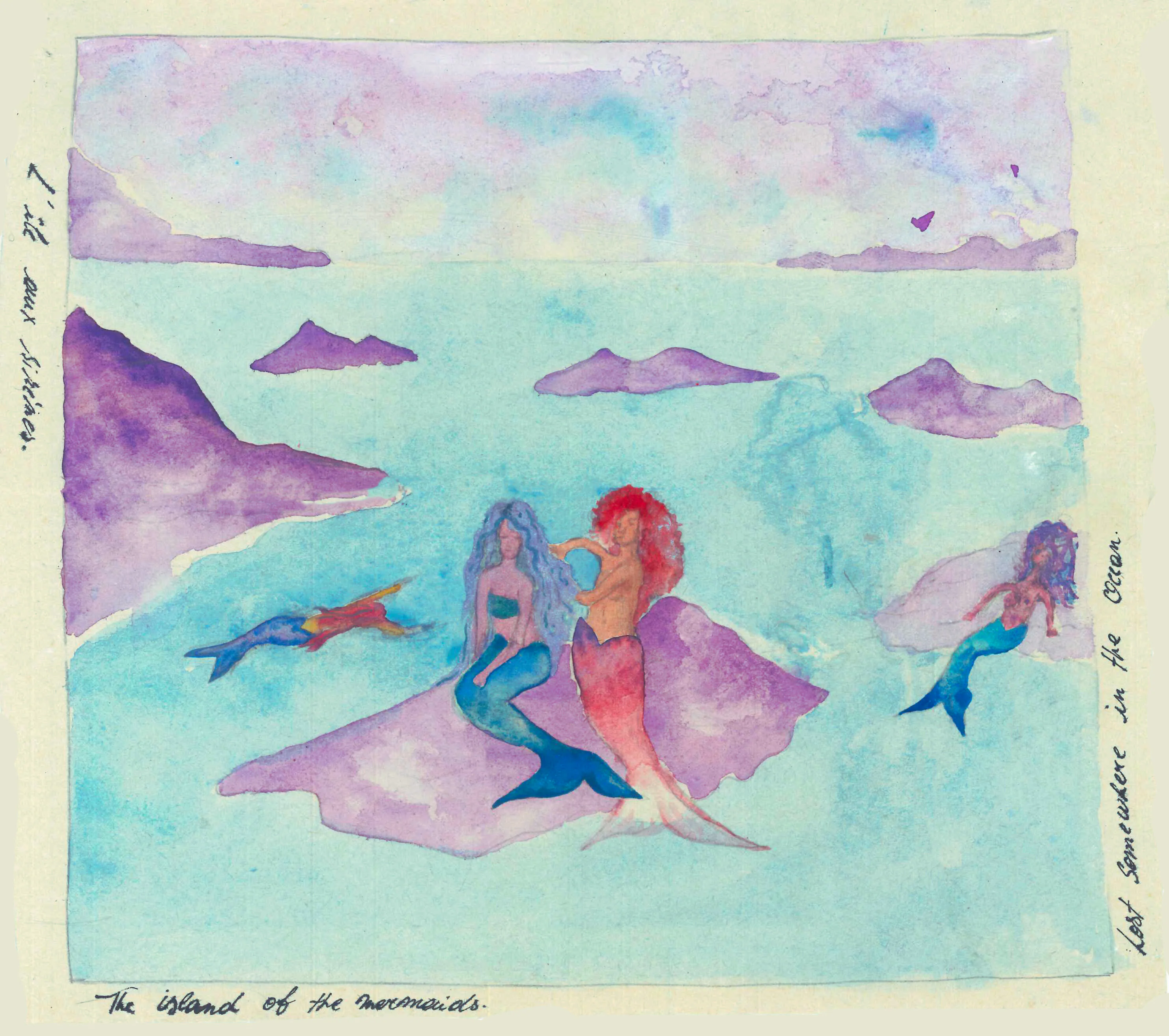 Aquarelle turquoise et mauve où trois sirènes se reposent sur de petites îles.