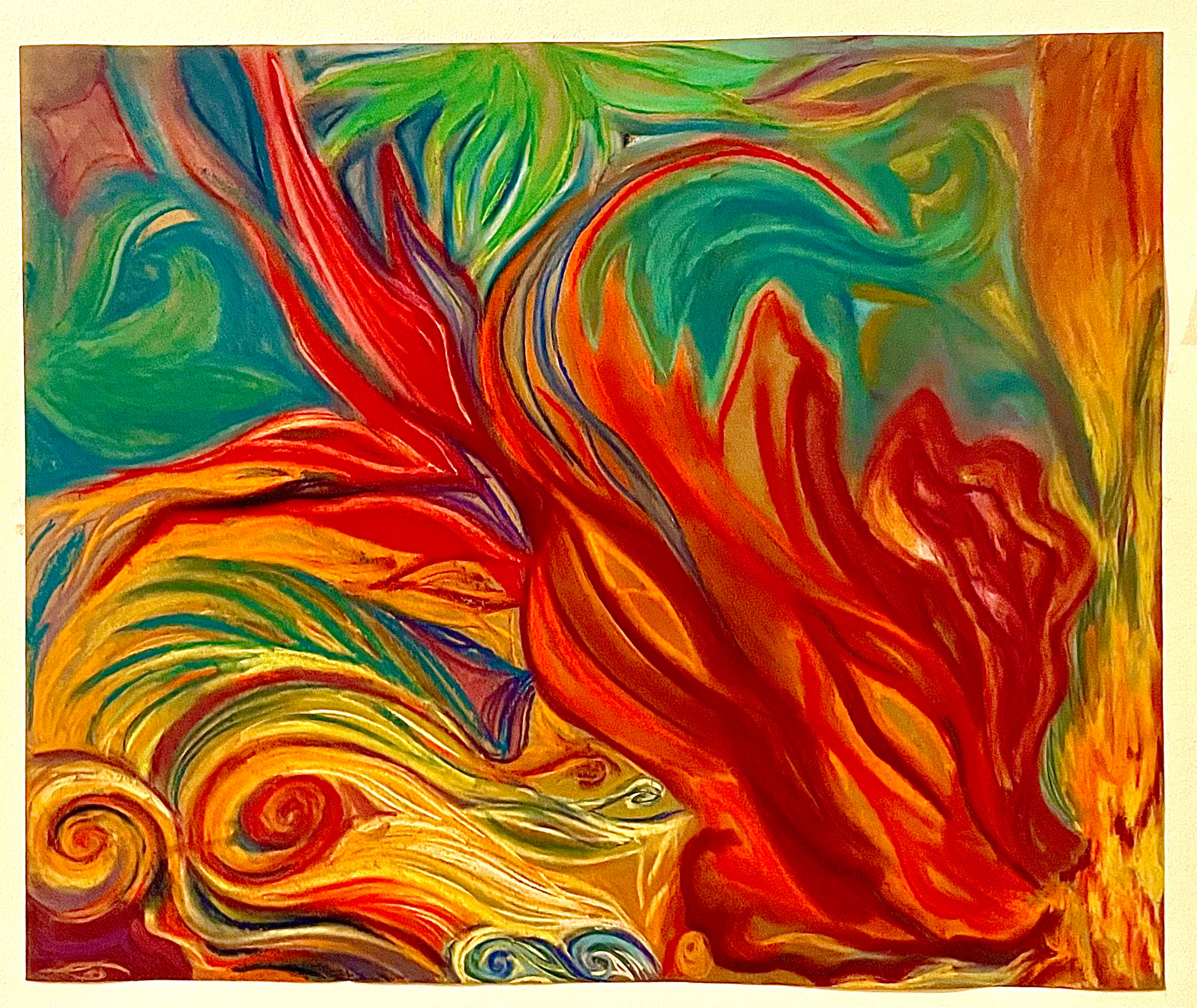 Œuvre aux flammes rouges et orange qui montent d'une spirale, sur fond vert et jaune.