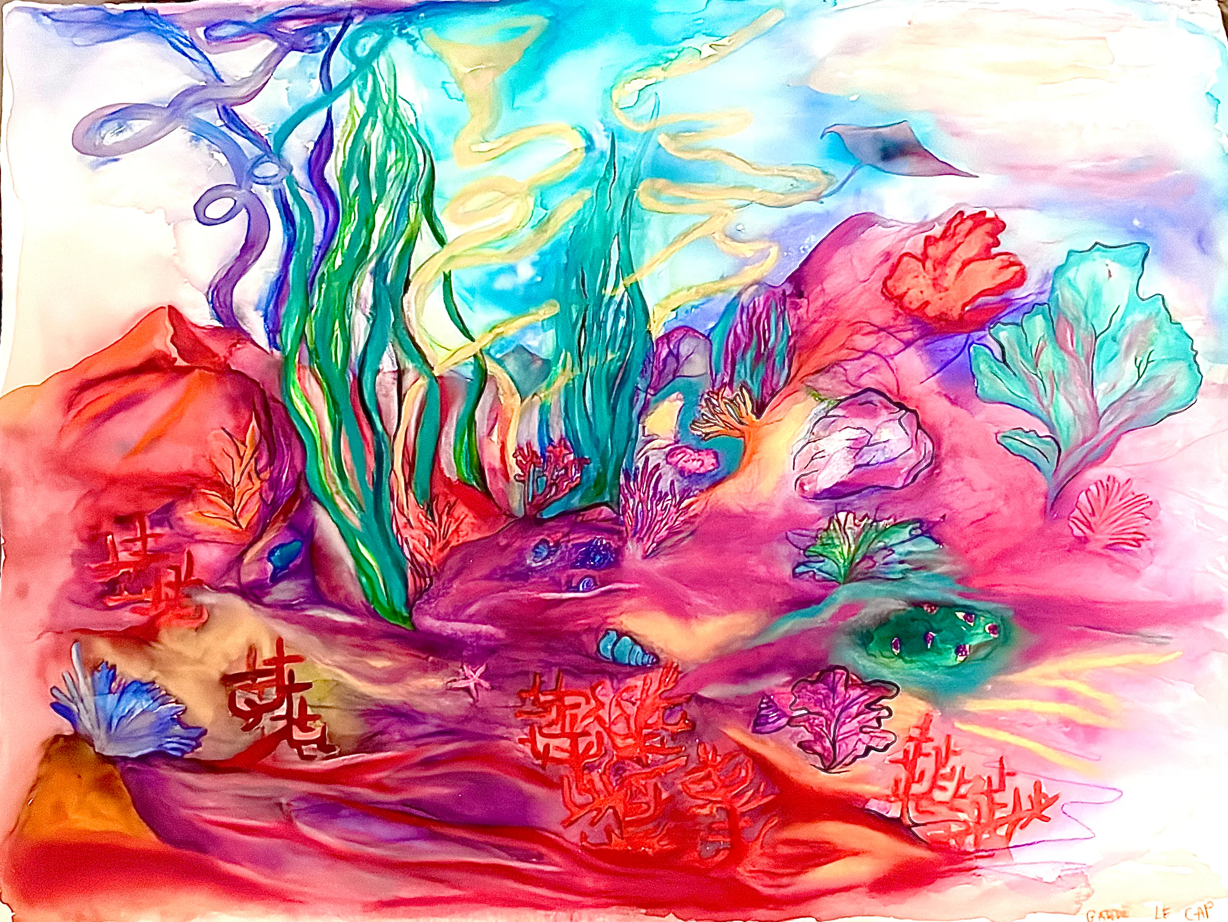 Aquarelle d'un fond marin rouge et rose, peuplé de coraux, d'algues vertes et de poissons.