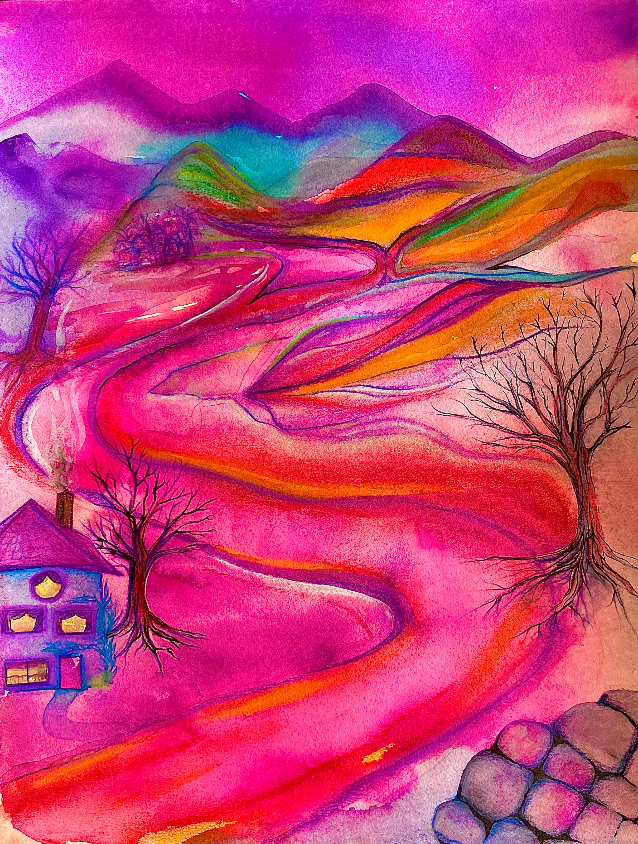 Aquarelle aux roses et violets vifs, une rivière sinueuse, des arbres nus et une maison éclairée.