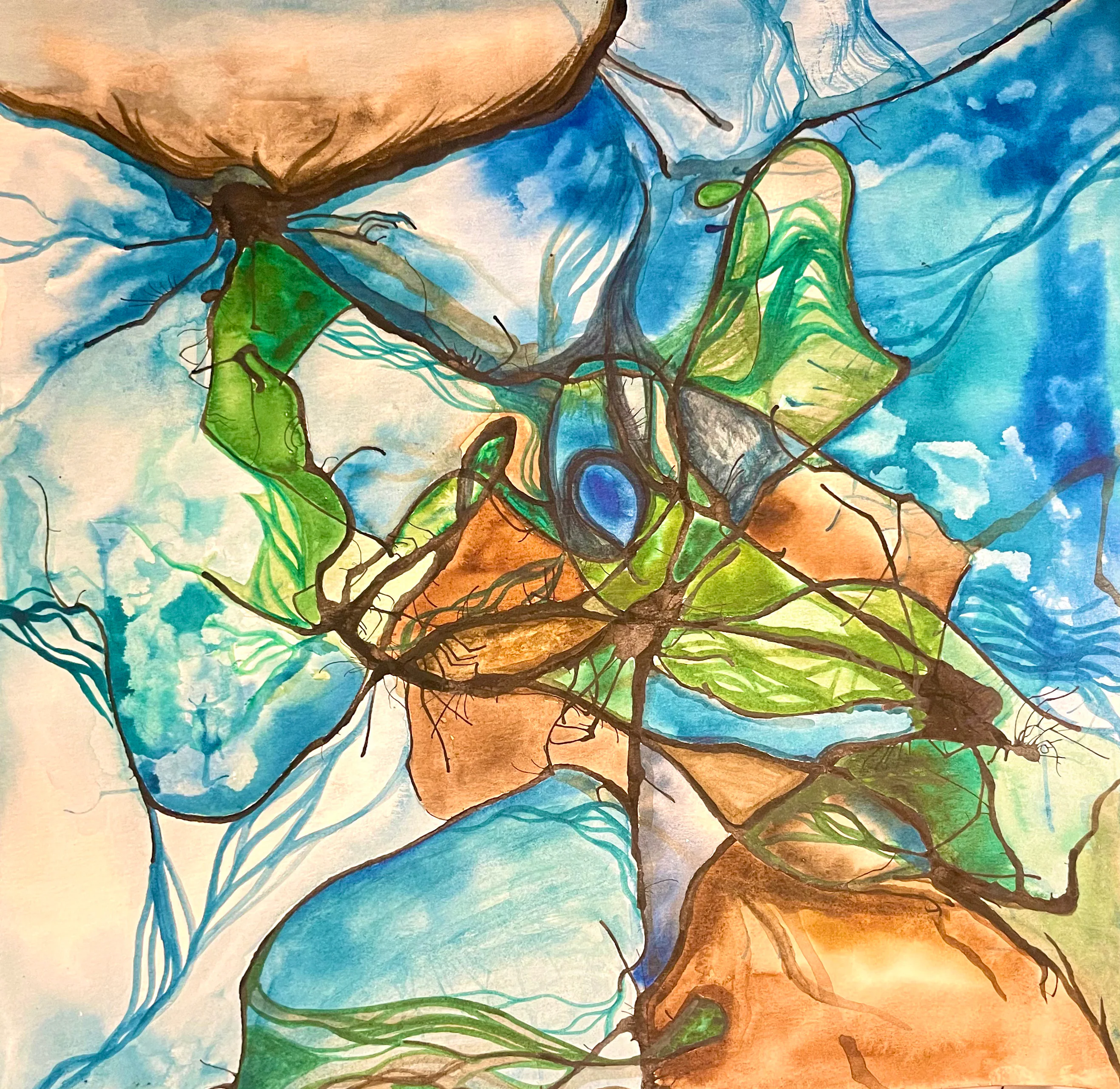 Aquarelle de formes vertes, bleues et orangées reliées par de fines lignes brunes.