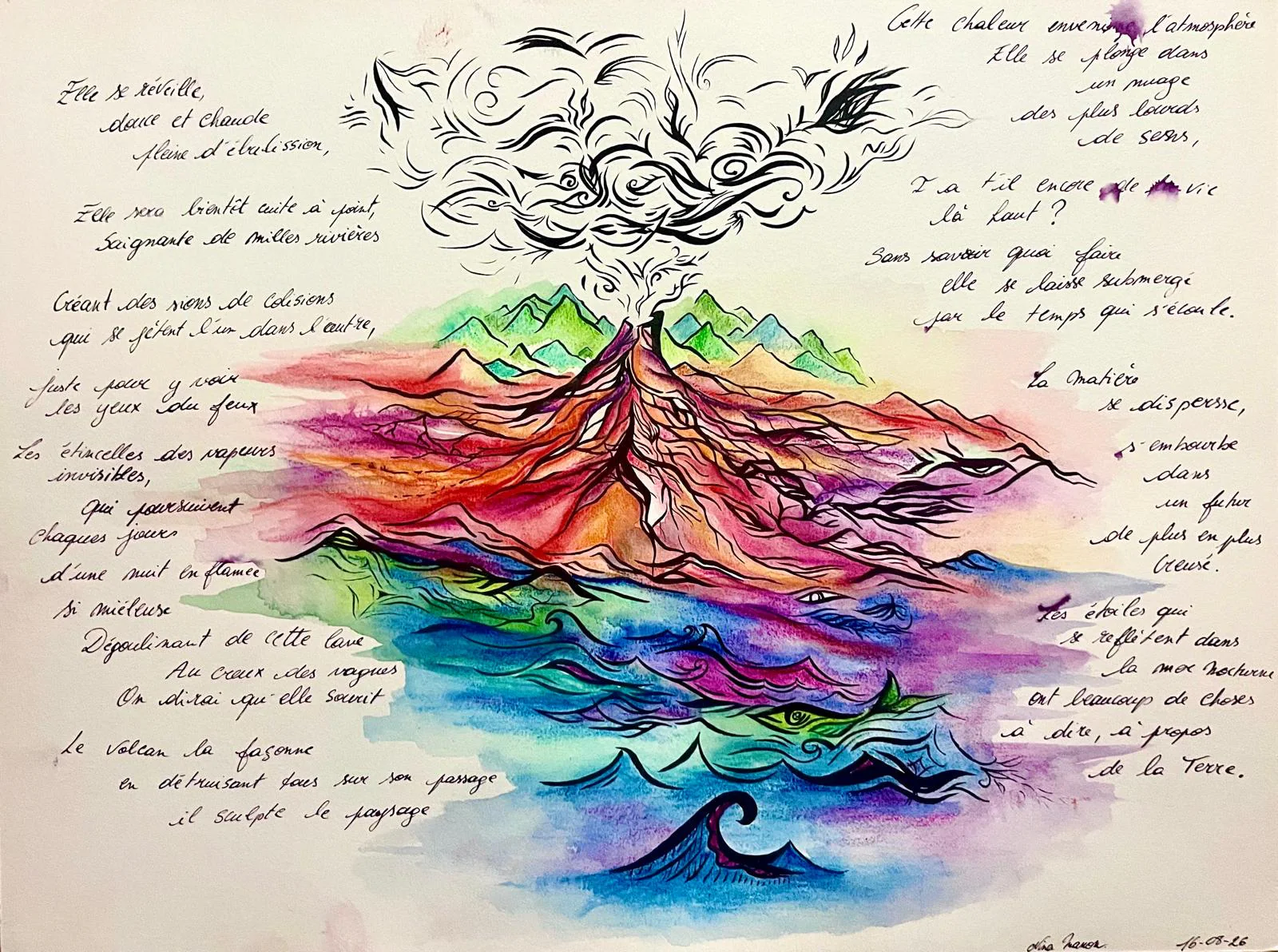 Volcan multicolore à l'aquarelle et à l'encre, entouré de lignes de poème manuscrites.