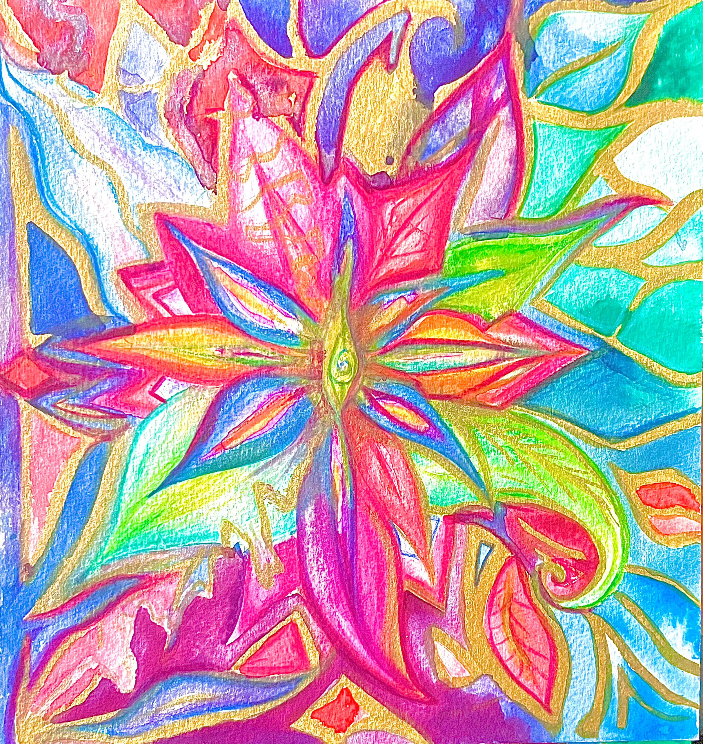 Aquarelle d'une grande étoile rose et violette rayonnante, entourée de verts et de bleus.