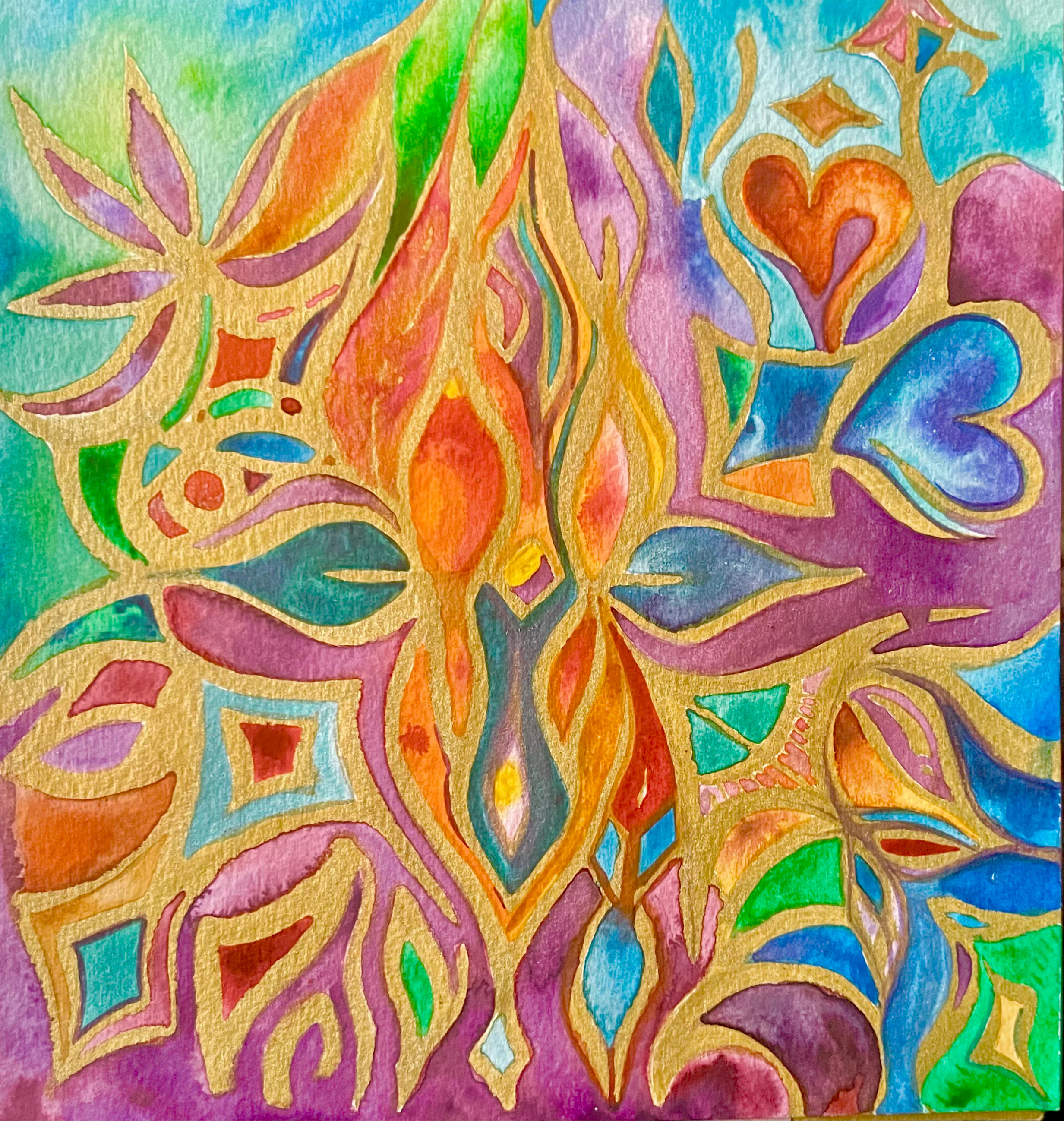 Aquarelle symétrique aux motifs de cœurs et de flammes orange et turquoise, cernés d'or.