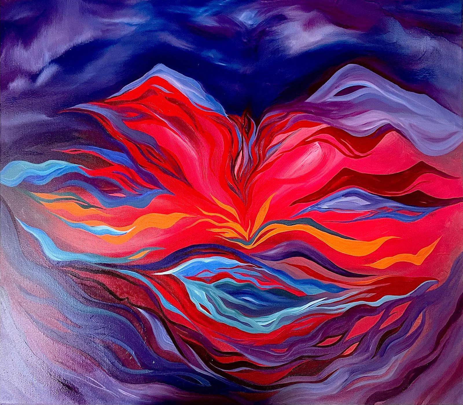 Toile aux vagues de rouge vif, de violet et de bleu profond qui s'entremêlent.