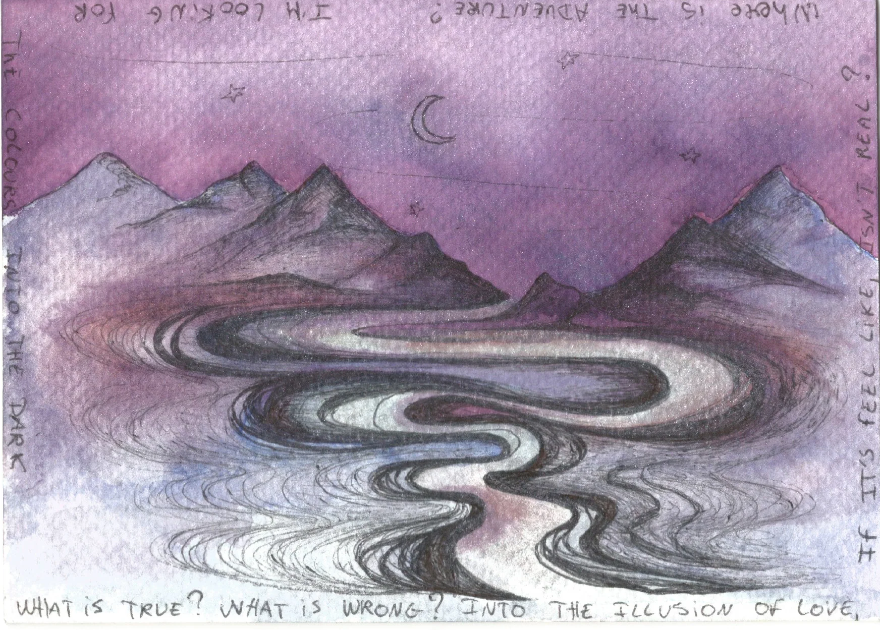 Aquarelle violette, montagnes sous un croissant de lune et rivière tracée à l'encre, avec un poème manuscrit en anglais sur les bords.